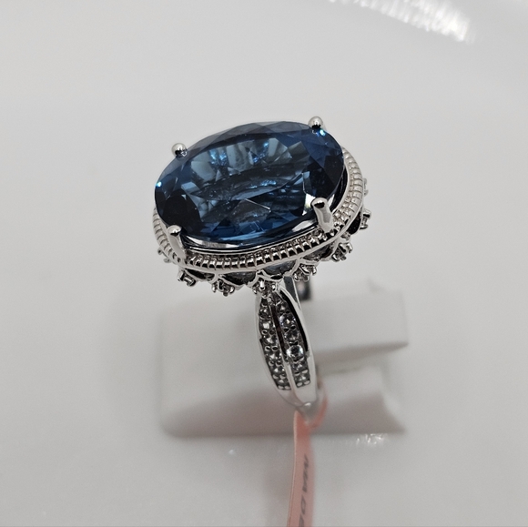 Genuine London Blue Topaz & Diamond Ring in Sterling Silver & Rhodium Size 7! - Picture 9 of 17